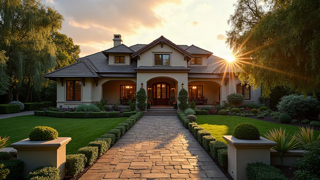 Mature tree canopy over a Southern California property at golden hour